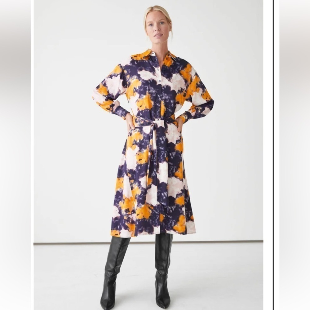 & other stories shirt midi dress collar long sleeve button front splatter size 8